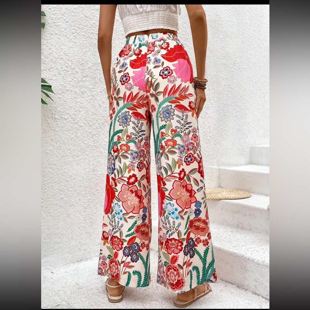 Red Multicolor pocketed high rise floral Wide bohemian boho Long Pants - Picture 3 of 6